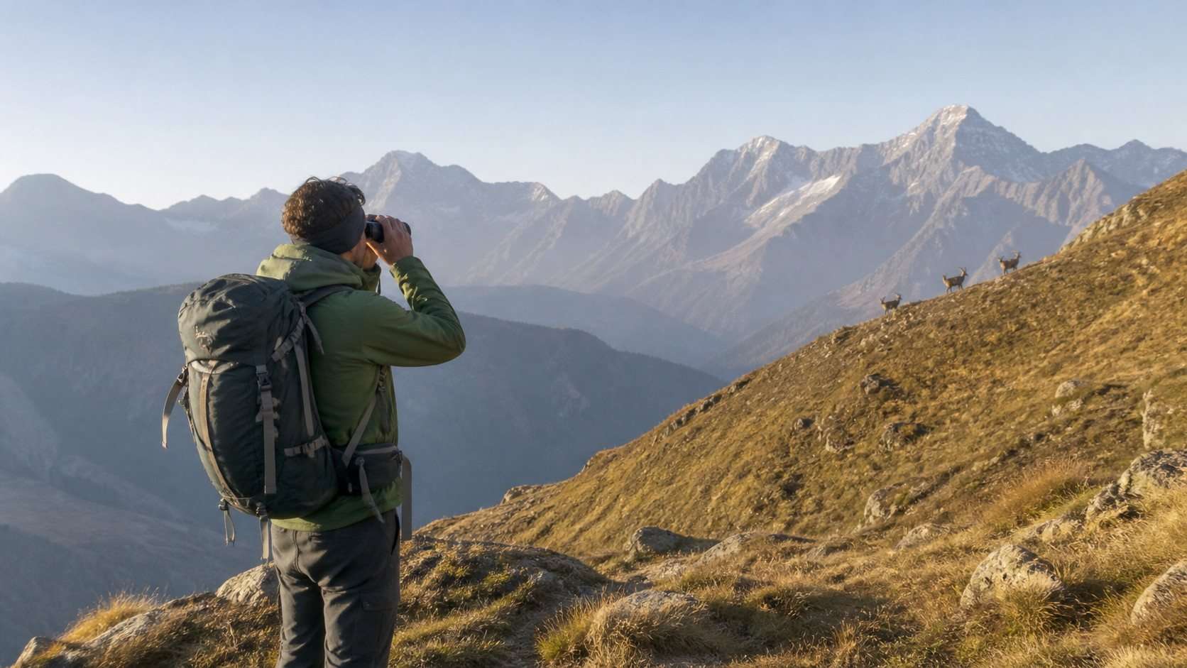 Senderista observando con prismáticos un valle de montaña desde una distancia prudente